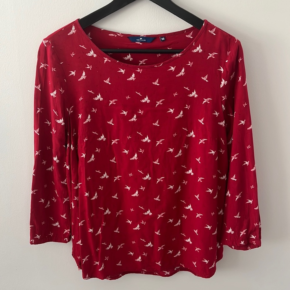 Red bird print blouse